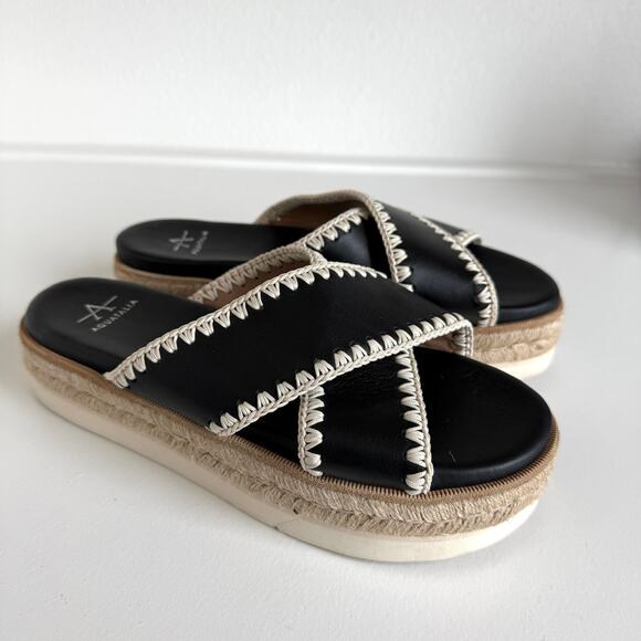 AQUATALIA Leather Espadrille Sandals Black Crisscross Platform Size 8 Boho Beach